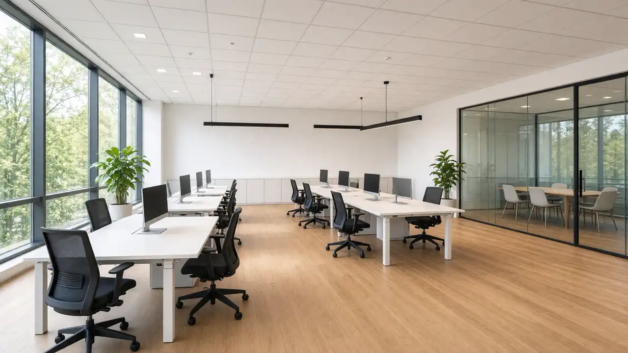 Open kantoorruimte in Vlaanderen, volledig ingericht met bureaus en kasten, vlak voor de ontruiming