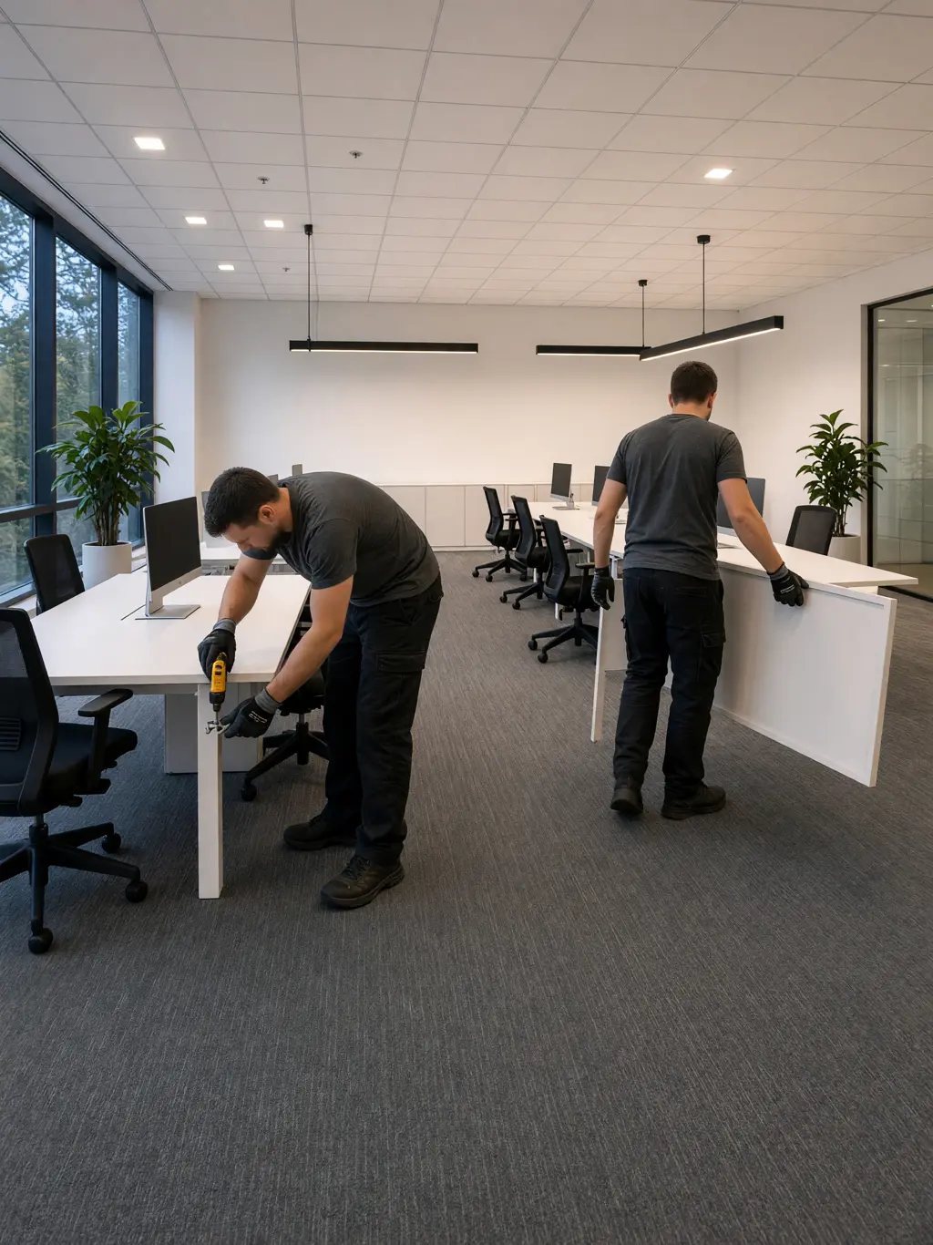 Twee medewerkers demonteren bureaus in een kantoor, 's avonds na sluitingstijd